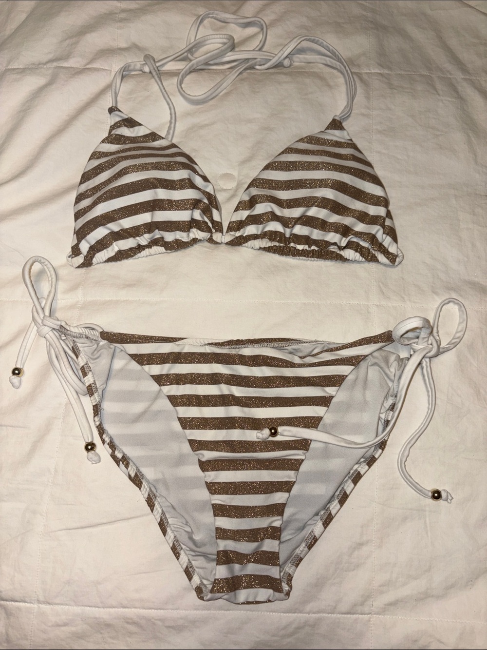 Pilyq White and Gold Striped Tie-Side Bikini L